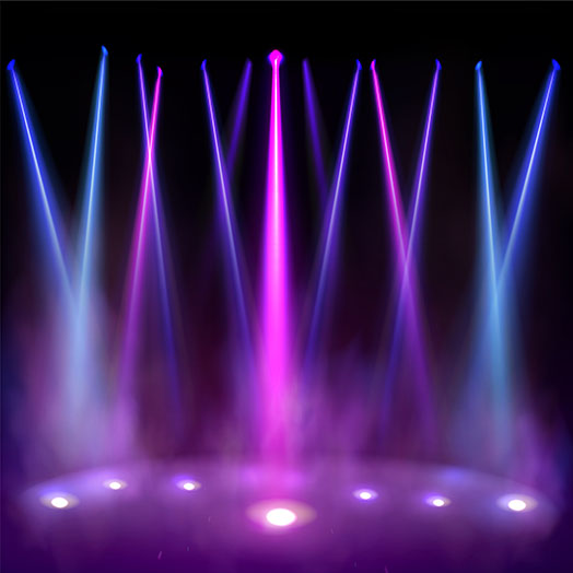 Stage lights, spotlight beams with smoke on floor